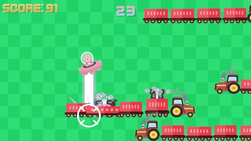 Cosmic Cultivator - a pink alien in a ufo floats above a cow in a wagon